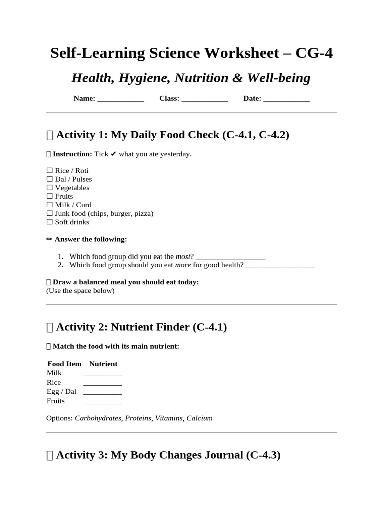 Self-Learning Science Worksheet - CG-4: Health, Hygiene, Nutrition ...