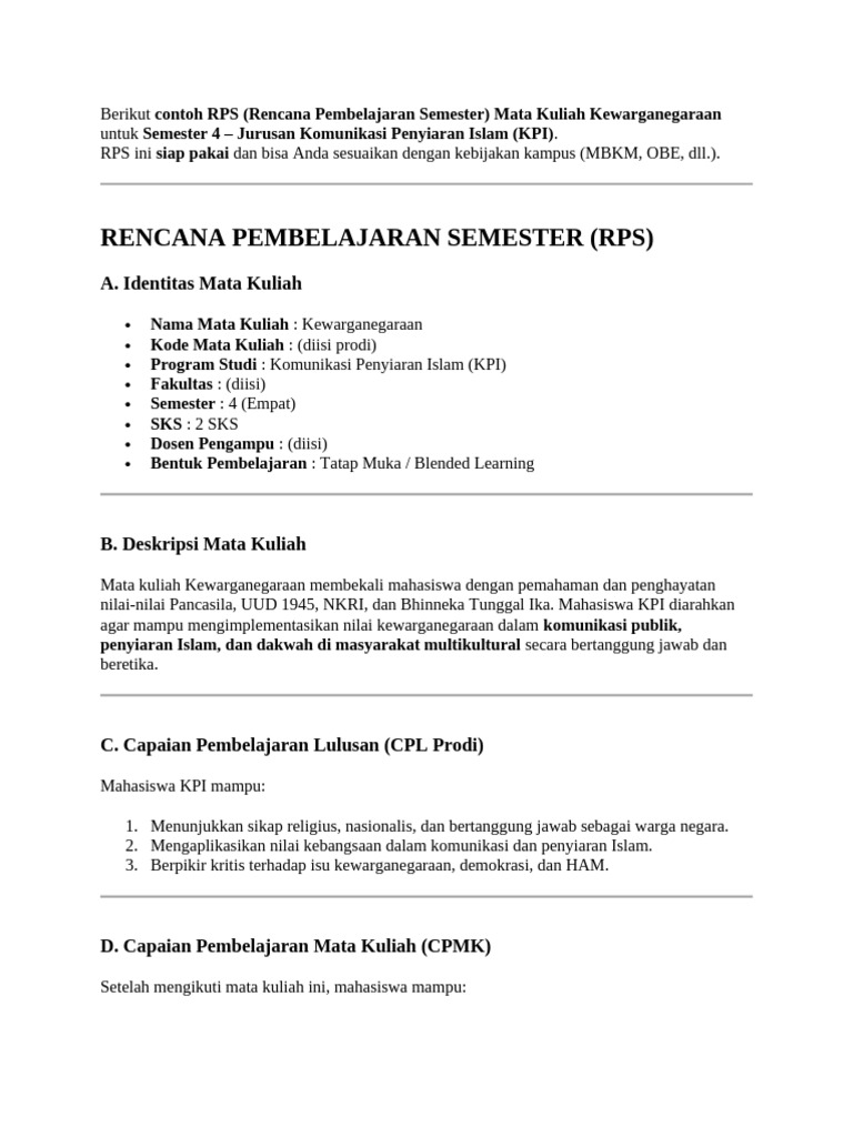 Berikut Contoh Rps Keargaegaraan 4 | PDF