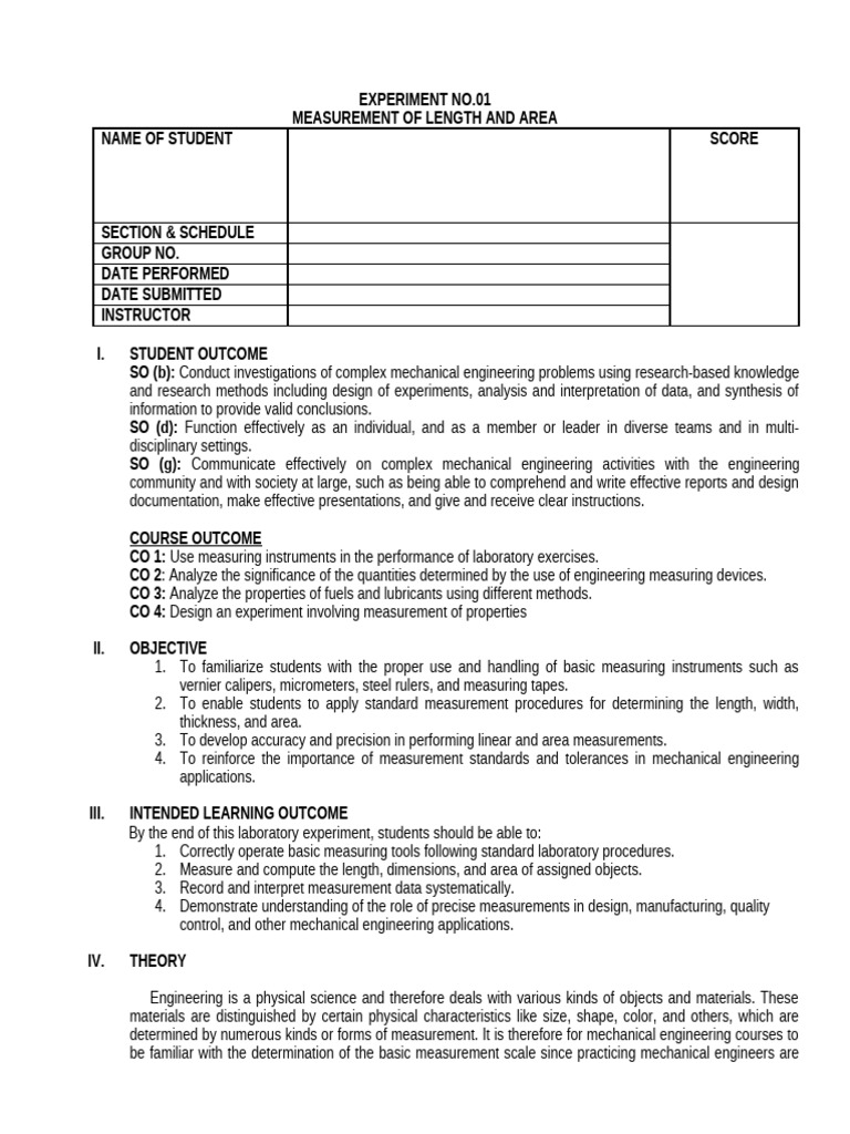 Exp No.01 Measurement of Length and Area - New Template | PDF | Area ...