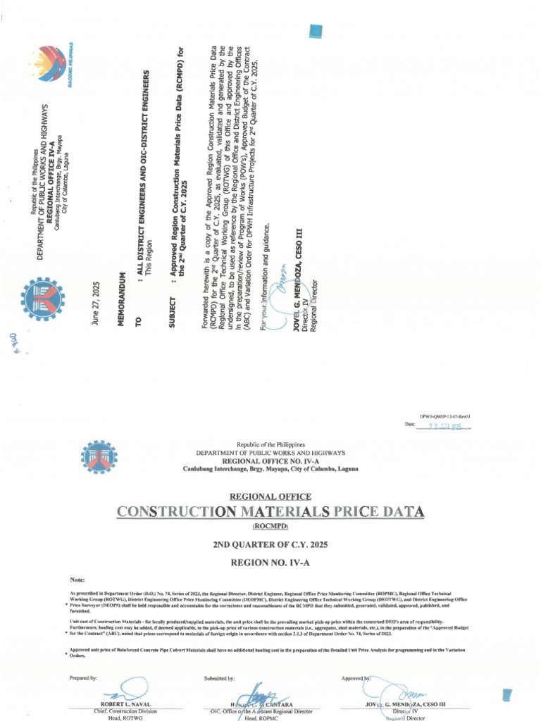 DPWH Regional Office IV-A Construction Materials Price Data Q2 2025 | PDF