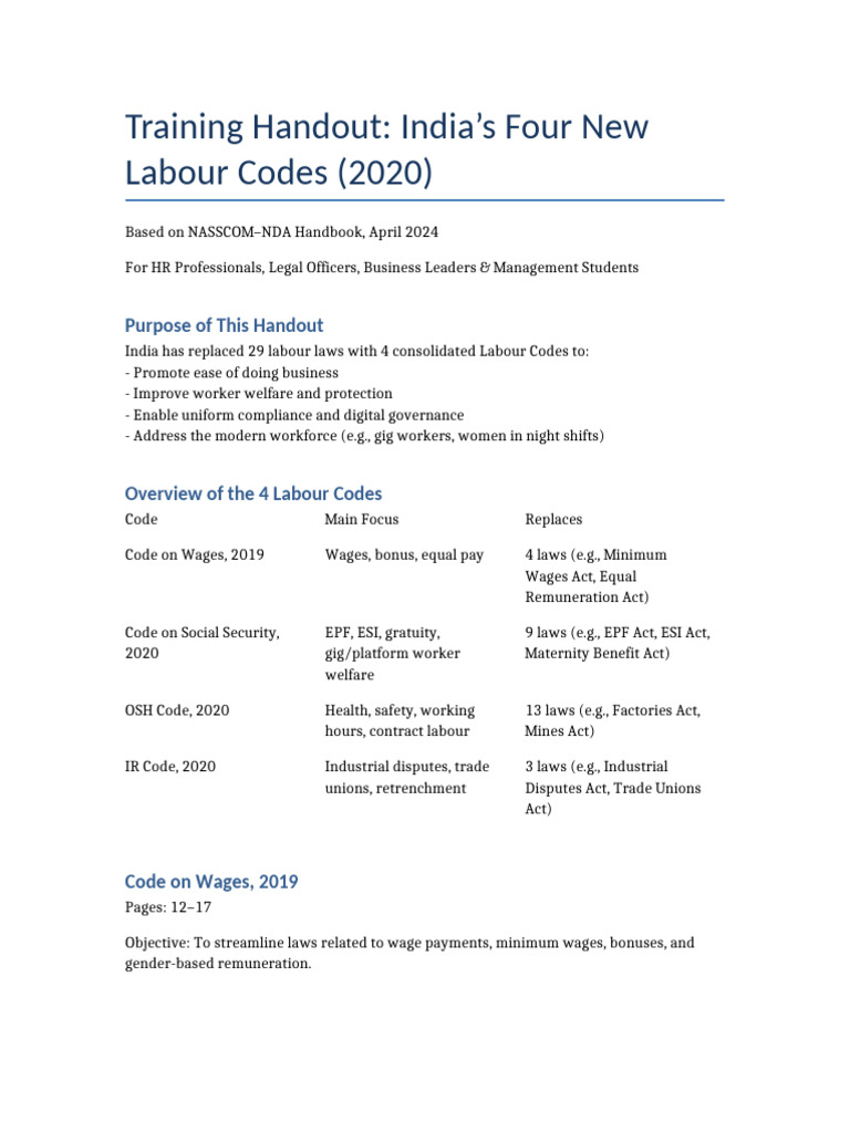 India Labour Codes Training Handout | PDF