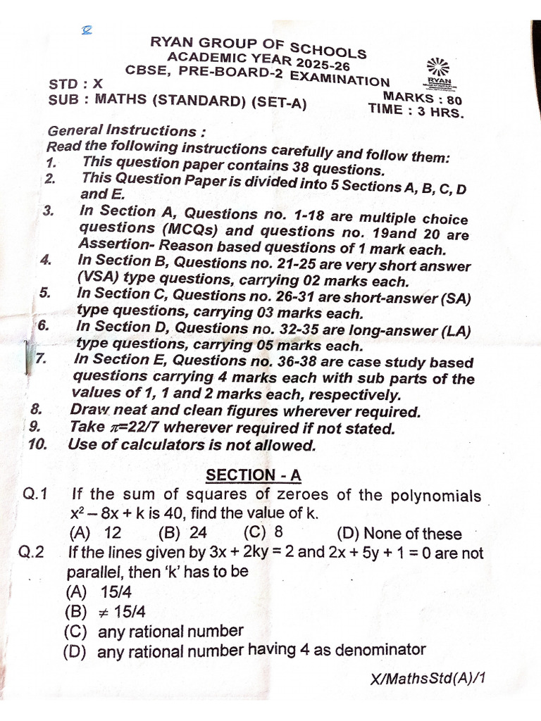 Ris Maths Pre Board - 2 | PDF
