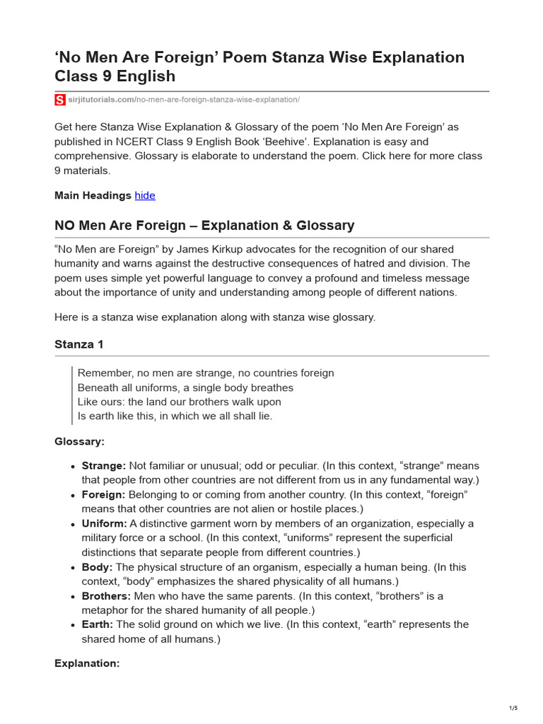 No Men Are Foreign' Poem Stanza Wise Explanation Class 9 English | PDF ...