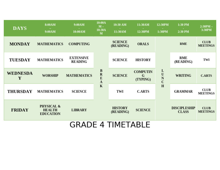 Grade 4 Timetable | PDF