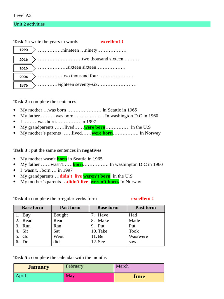 Level A2 Unit 2 Activities | PDF