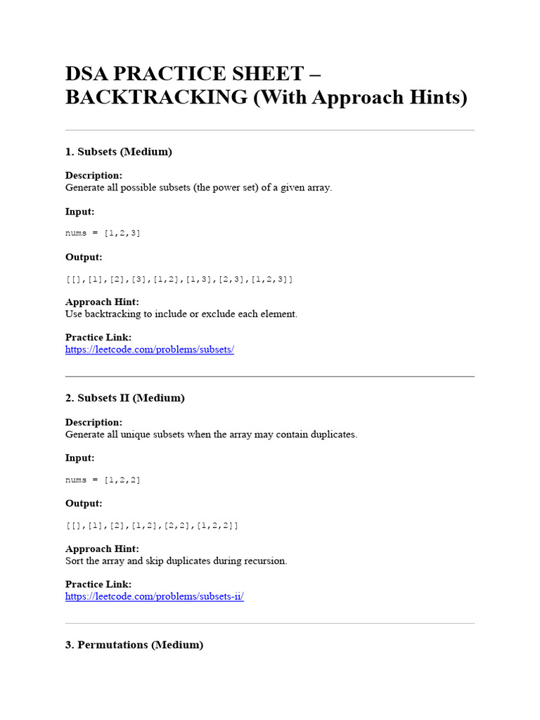 Dsa Practice Sheet - Backtracking (With Approach Hints) | PDF ...