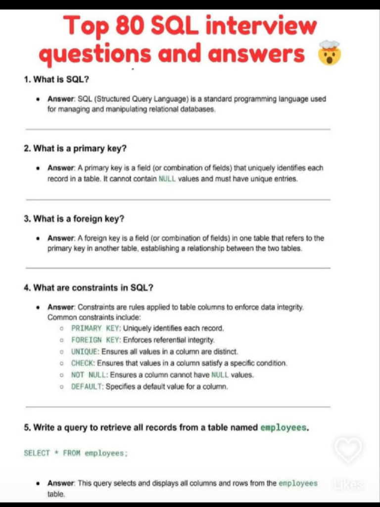 Top 80 SQL Interview Questions and Answers | PDF