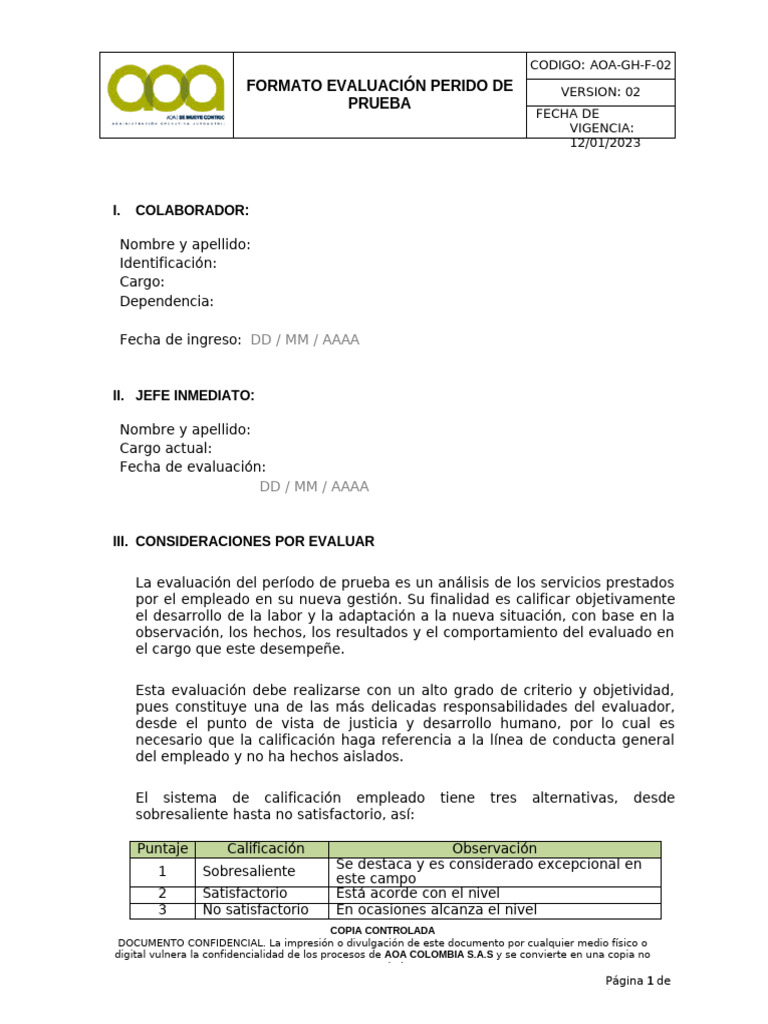 Formato Evaluación Periodo de Prueba | PDF | Información