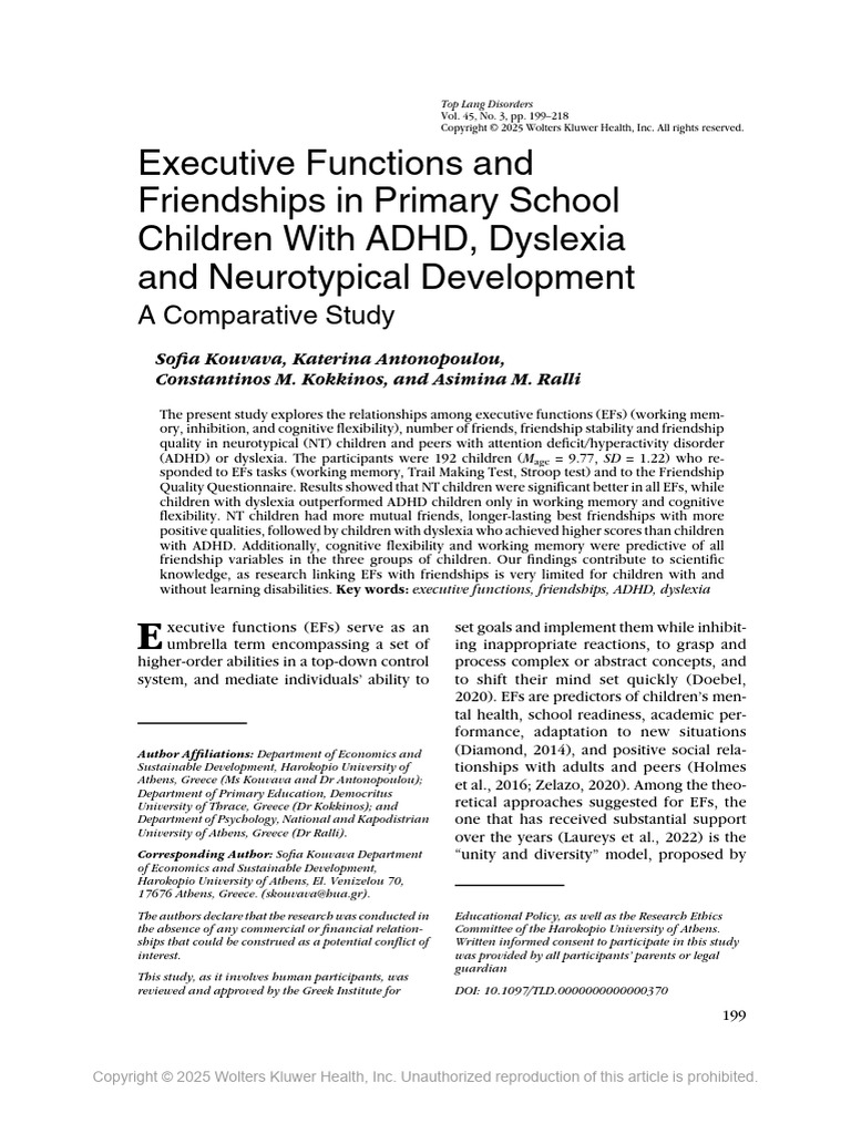 Executive Functions and Friendships in Primary School Children With ...