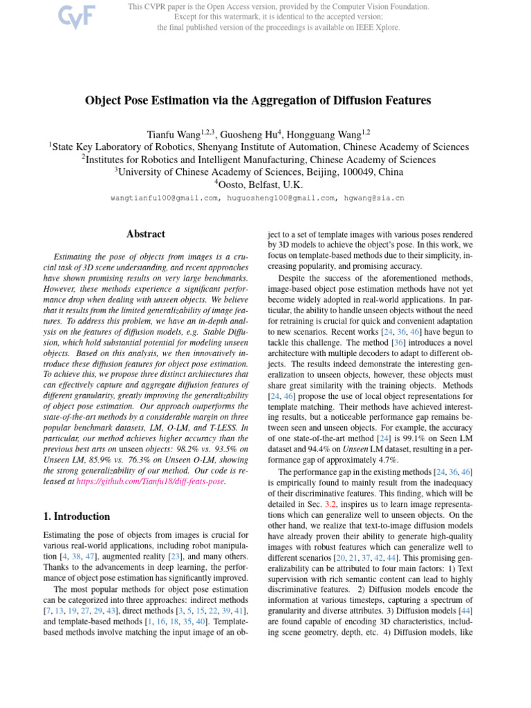 Wang Object Pose Estimation via the Aggregation of Diffusion Features ...