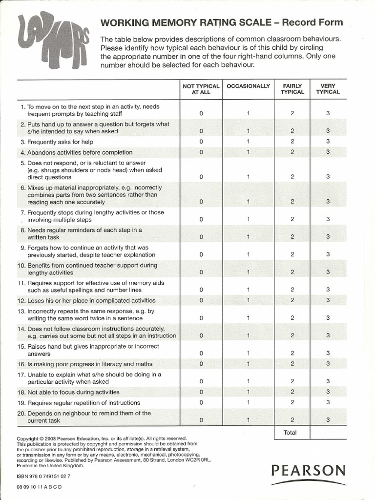 Working Memory Rating Scale-Record Form | PDF