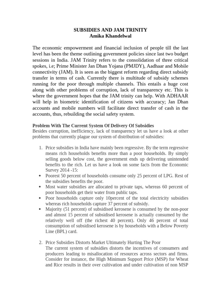 JAM Trinity- Amika Khandelwal (II MA Eco) | PDF | Subsidy | Economies