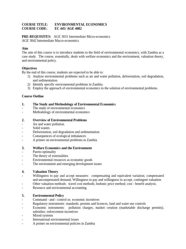 Course Outline Environmental Economics | PDF | Economics | Valuation ...