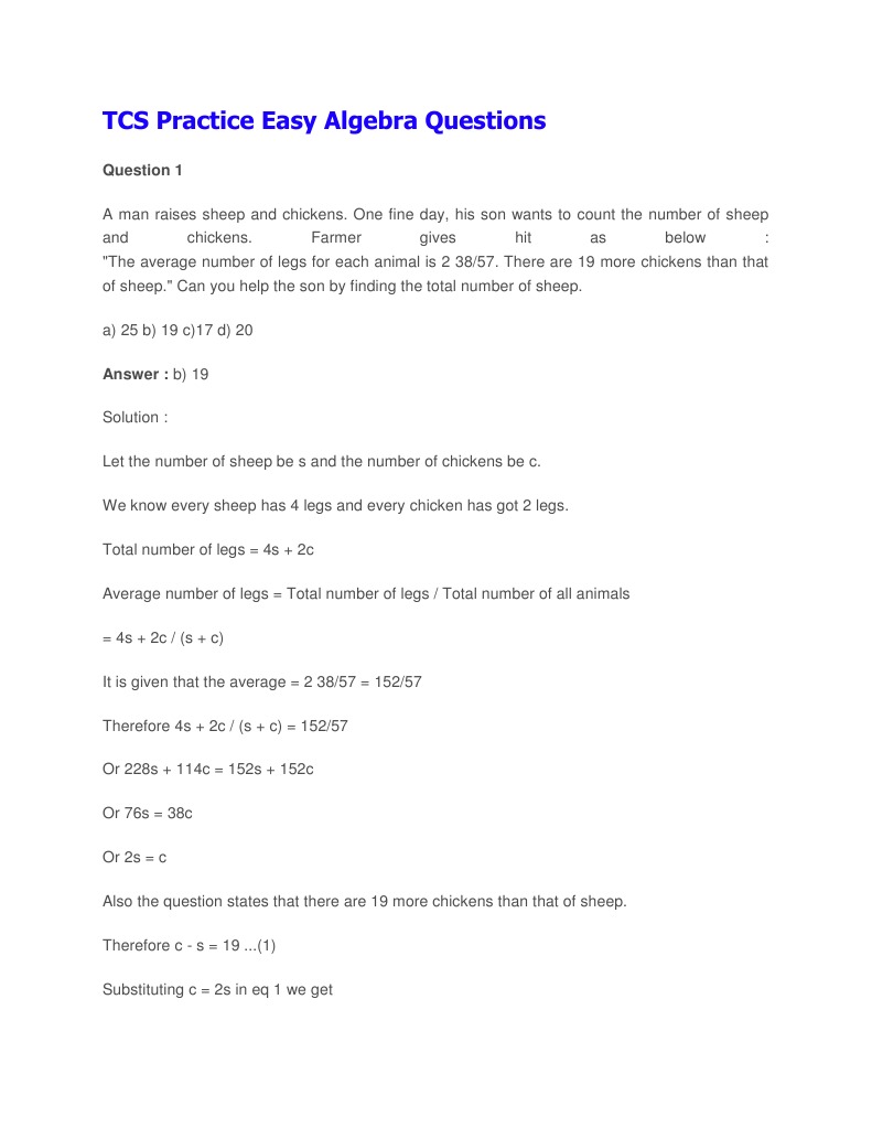Tcs practice easy algebra questions pdf rupee mathematical objects
