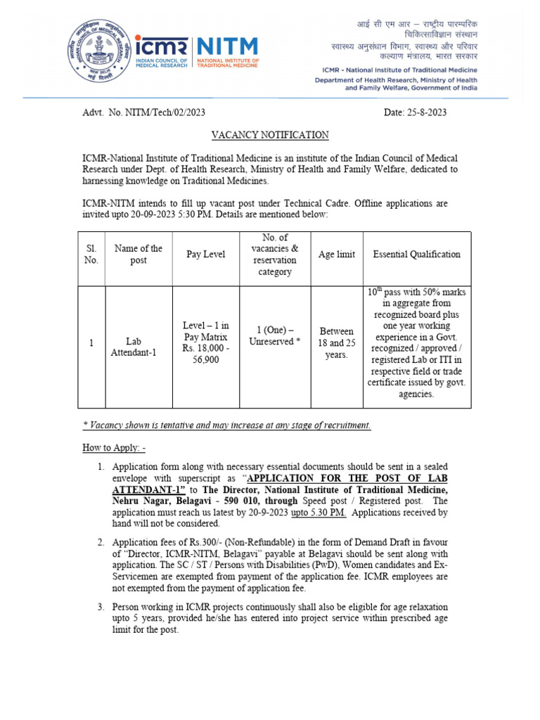 01 Lab Attendant I Post Advt Details Application Form NITM Belagavi | PDF