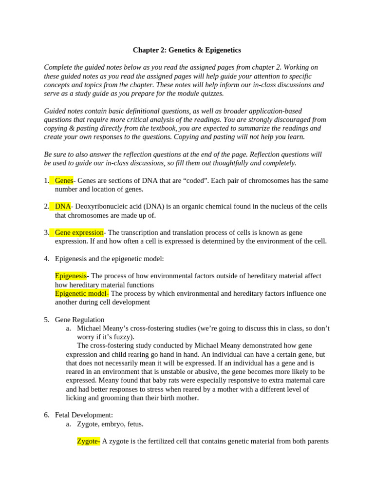 Guided Notes_Chapter 2.1 | PDF | Gene | Epigenetics
