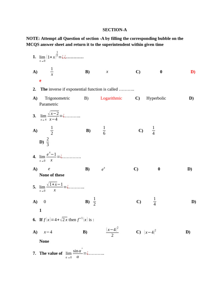 Chapter No 2 Function and Limits Mcqs | PDF | Function (Mathematics ...