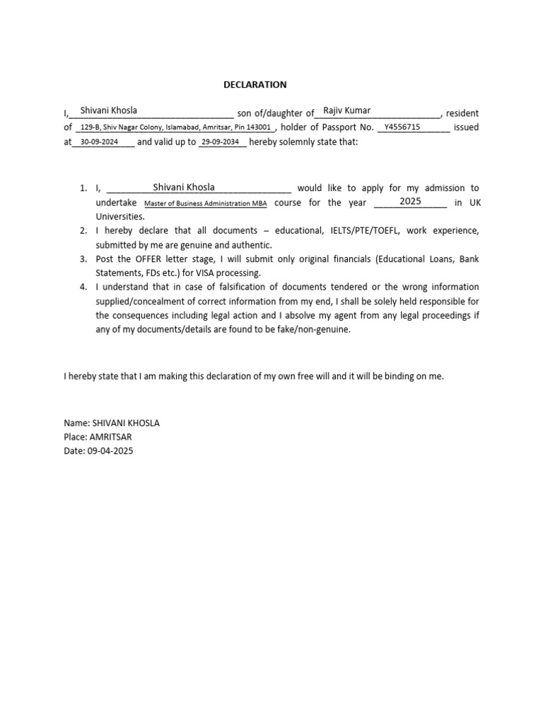DECLARATION University of Law | PDF