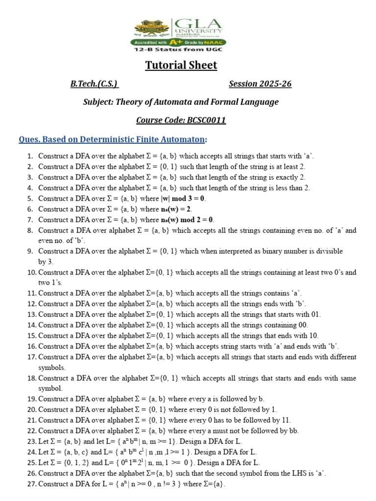 Tutorial Sheet TAFL | PDF | Automata Theory | String (Computer Science)