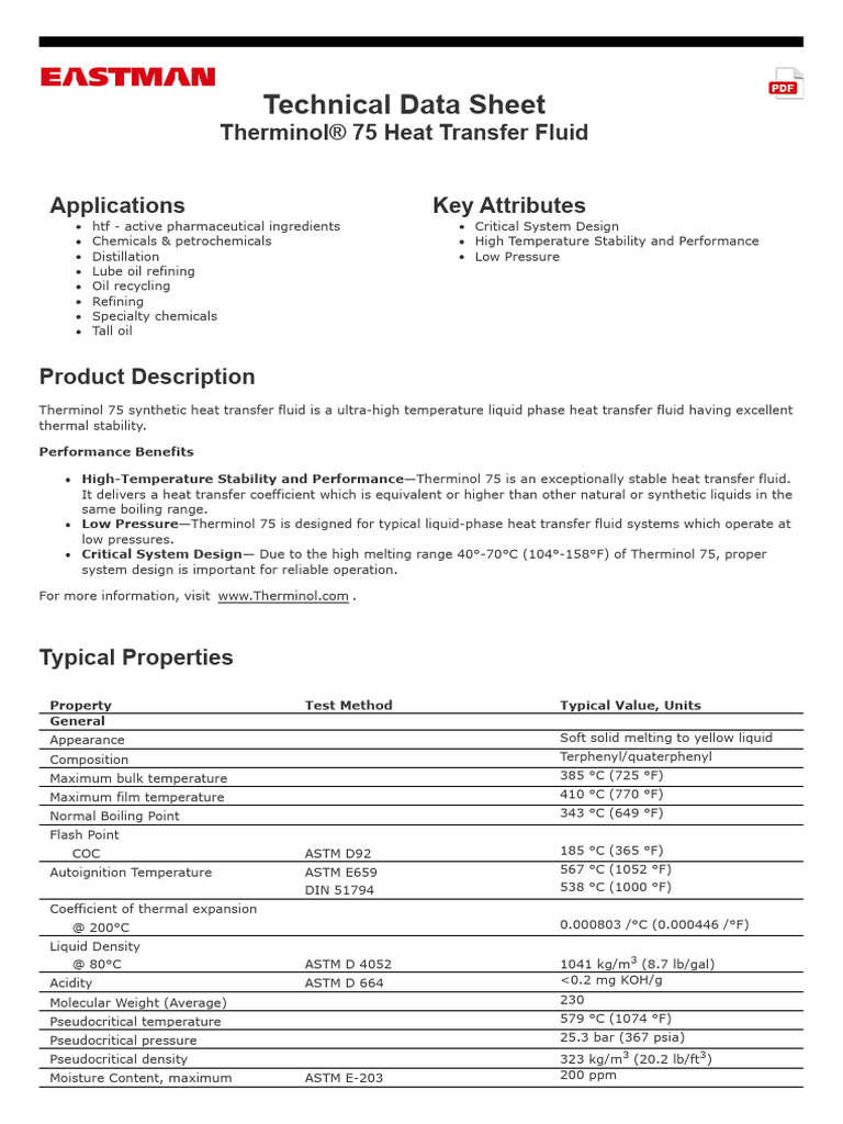 Eastman TDS - Therminol 75 Heat Transfer Fluid (71093444) | PDF | Heat ...