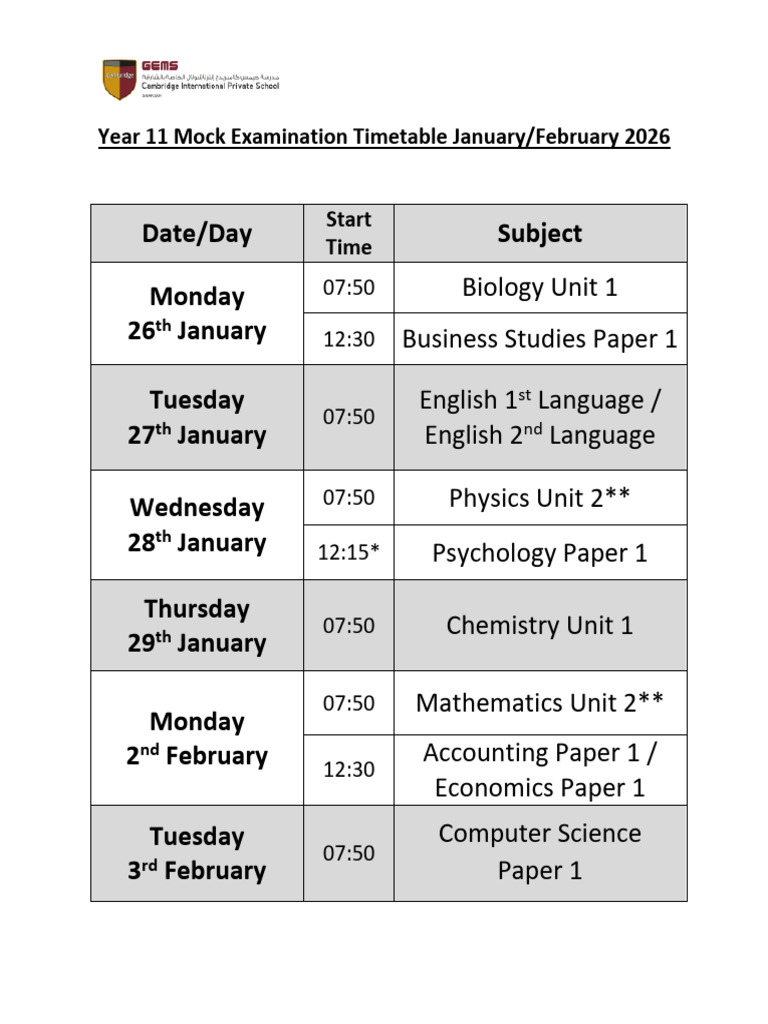 Yr 11 Mock Exam Timetable Term 2 2026 | PDF