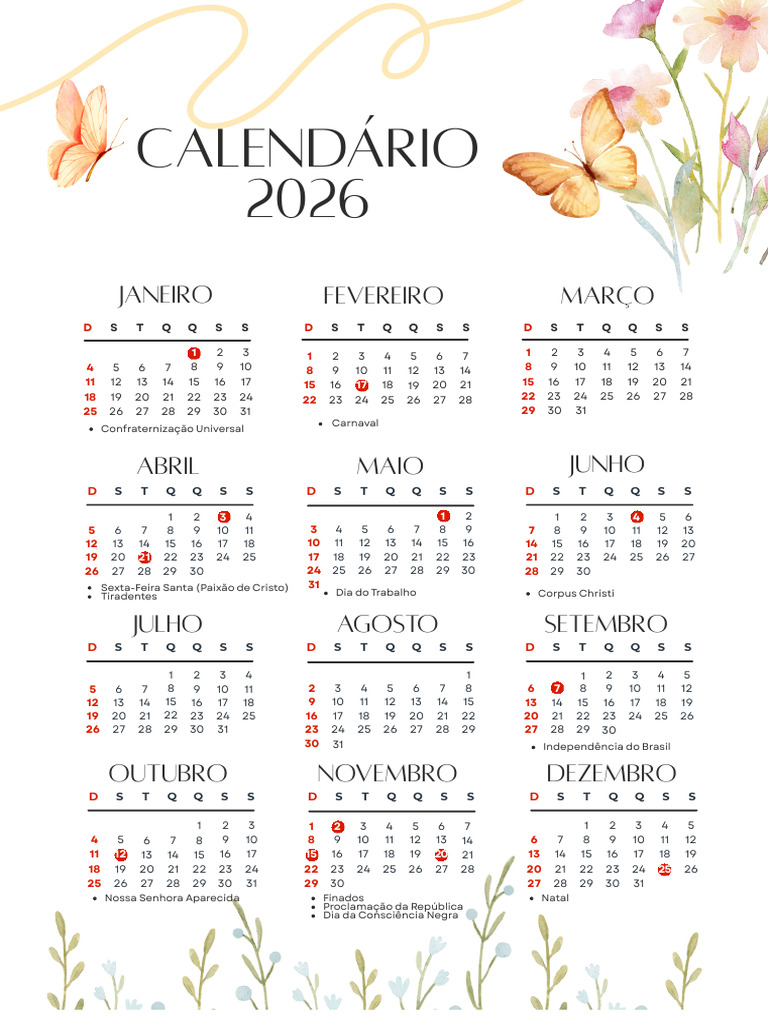 Amarelo e Rosa Ilustrado Calendário 2026 Floral A4 | PDF