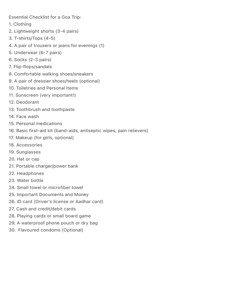 Checklist For A Goa Trip | PDF