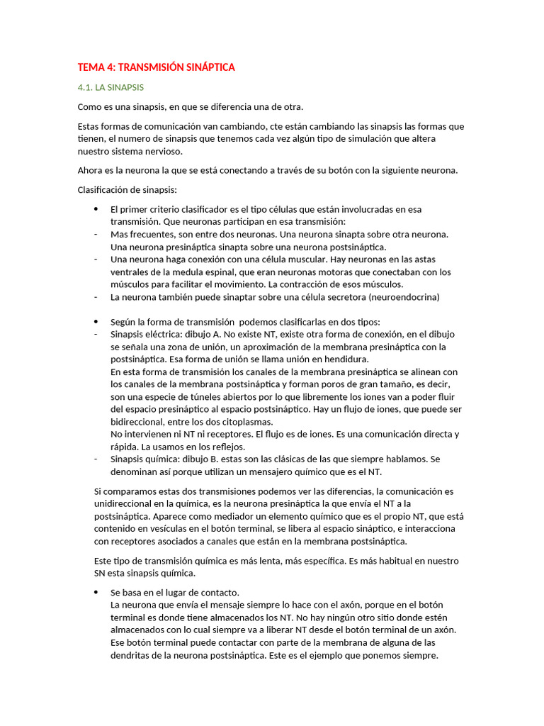 Tema 4 | PDF | Sinapsis | Sinapsis química