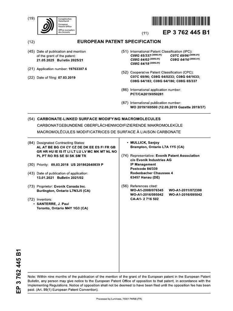 Carbonate Linked Surface Modifying Macromolecules EP patent May 21 2025 ...