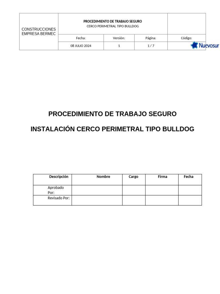 Procedimiento Pts Instalacion Cierre Perimetral Tipo Bulldog (1) | PDF ...