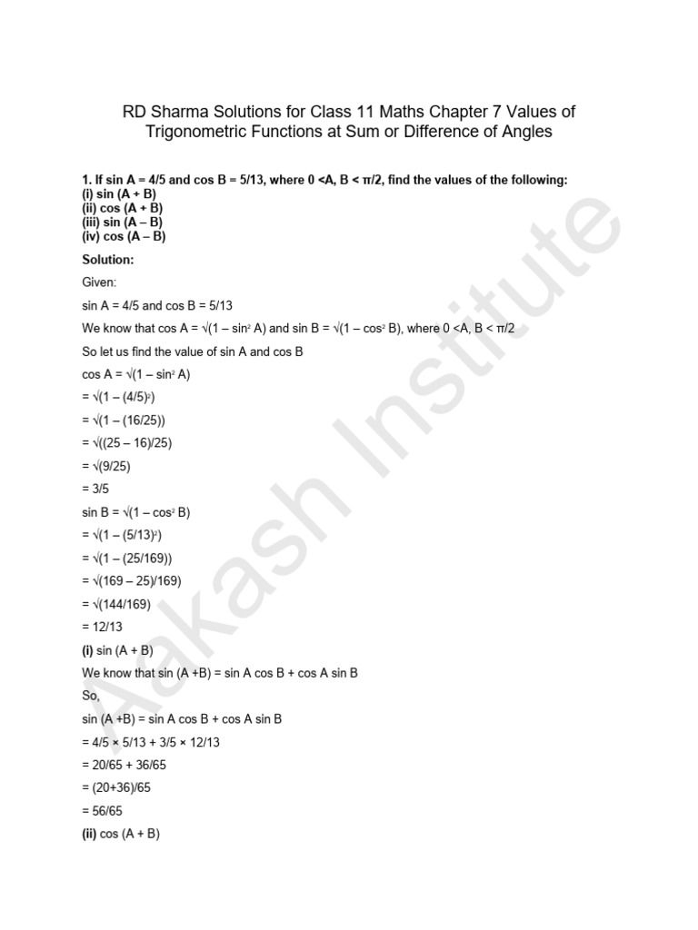 RD Sharma Solutions For Class 11 Maths Chapter 7 Values of ...