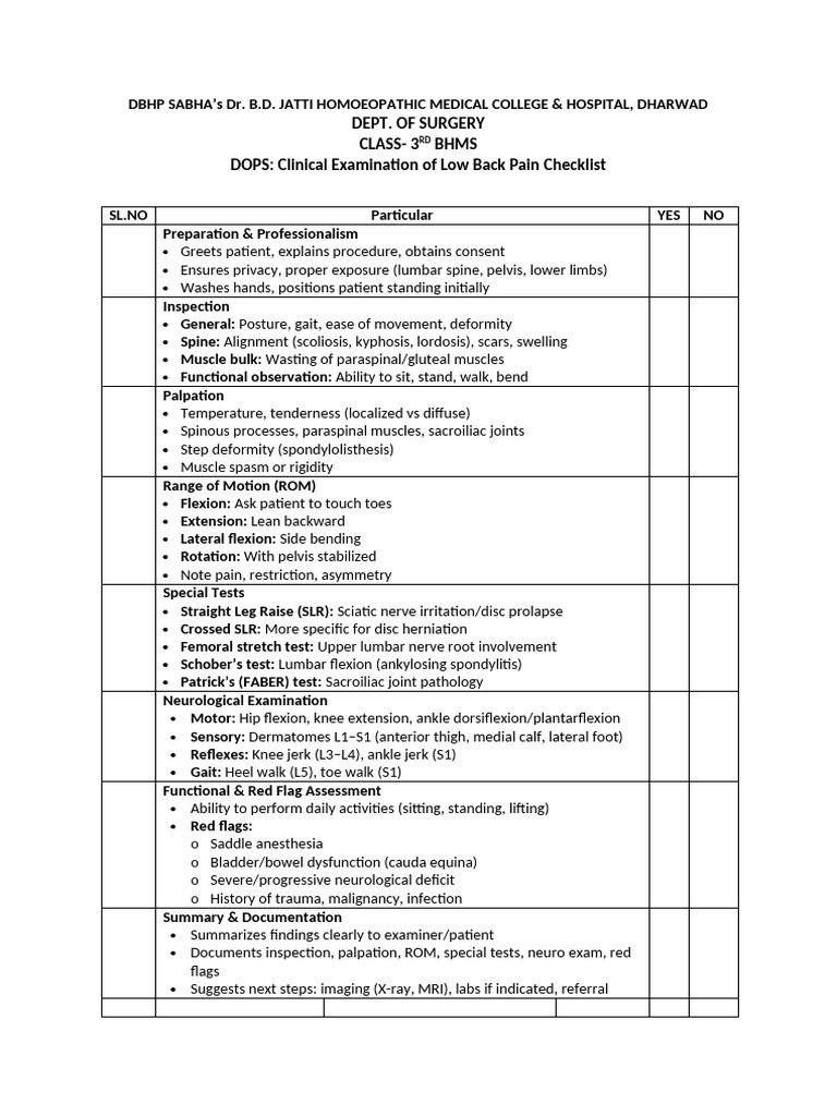 DOPS On Examination of Low Back Pain | PDF | Back Pain | Anatomical ...