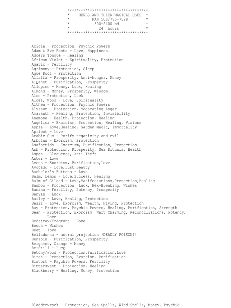 A List of Herbs and Their Magical Uses PDF Crops Medicinal Herbs