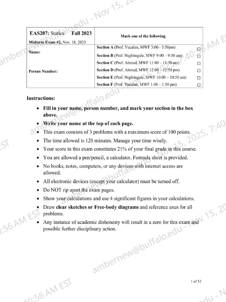 EAS207 Exam2 Fall2023 With Answers 2 | PDF