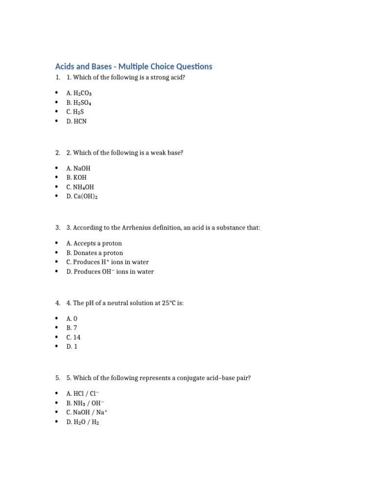 Acids and Bases MCQ Exam Format | PDF | Acid | Ph