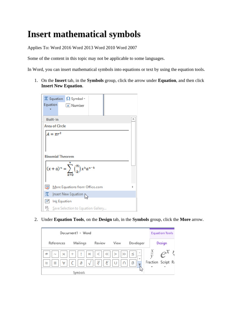 WORD - Insert Mathematical Symbols | PDF | Mathematics