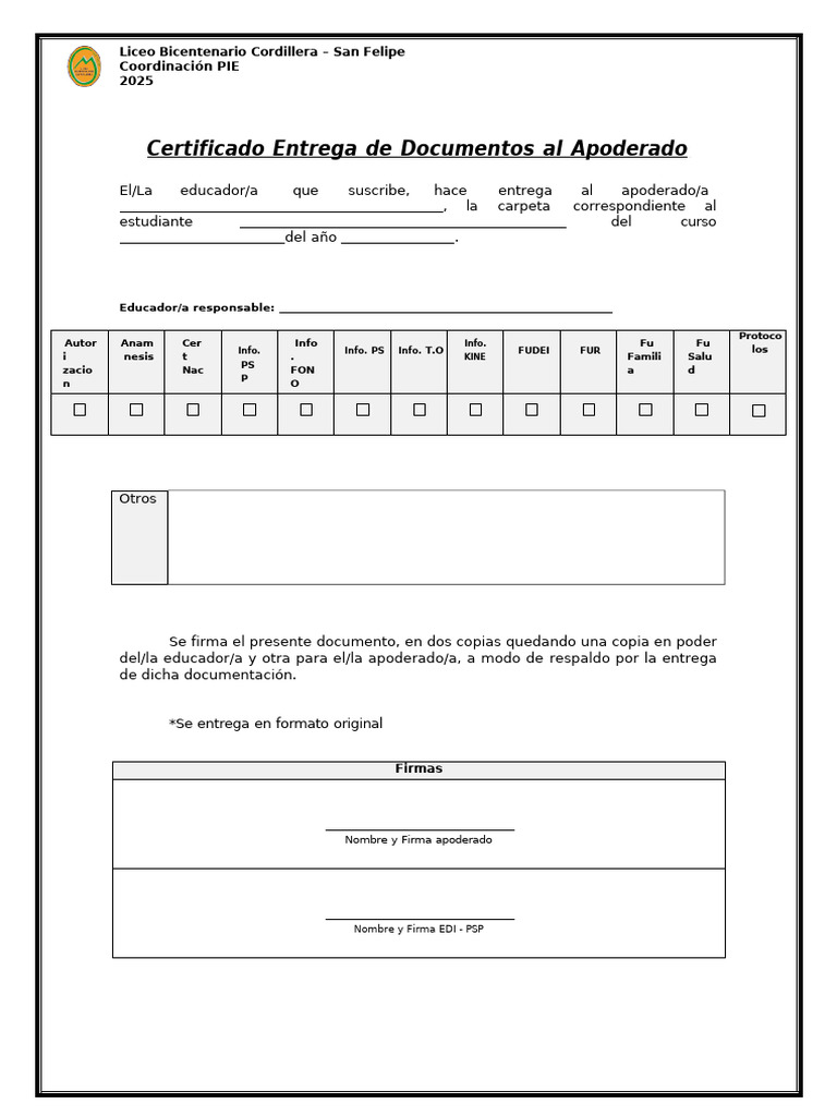 Certificado Entrega Apoderado | PDF