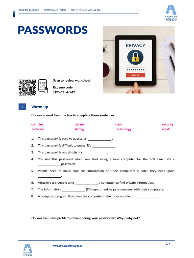 Passwords British English Teacher A2 B1 | PDF | Password | English Language