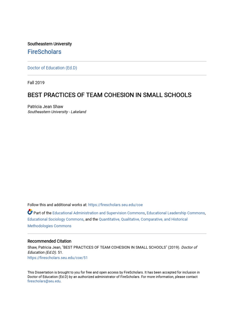 Best Practices of Team Cohesion in Small Schools 2019 Disertation | PDF ...
