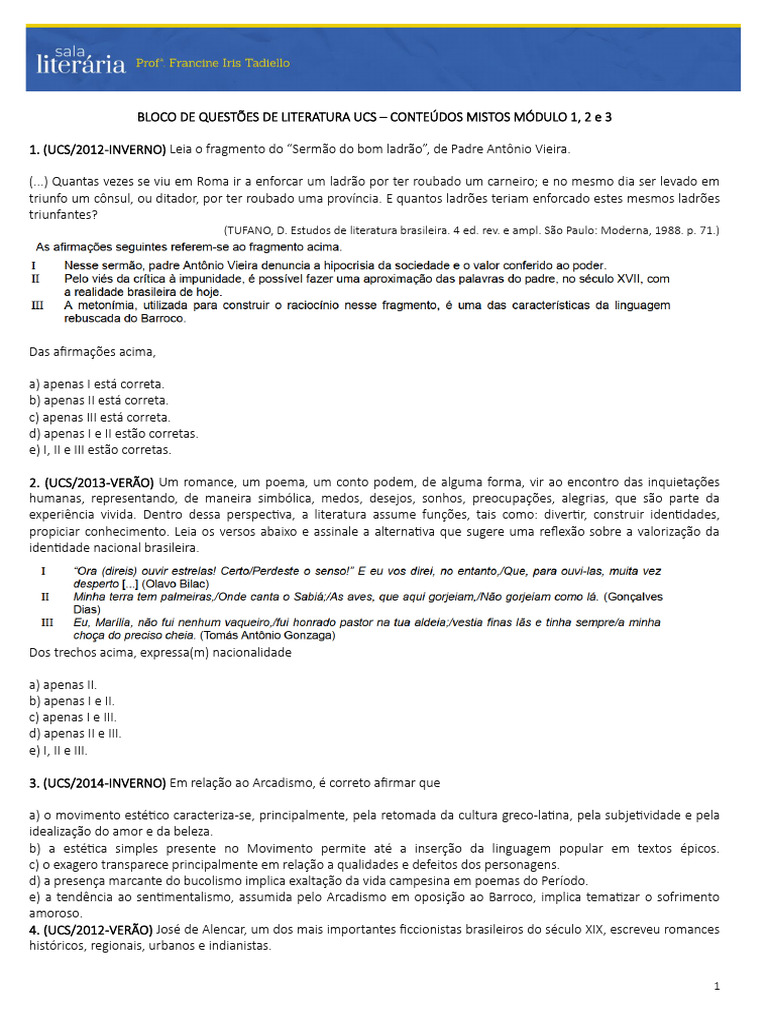 Bloco de Questões UCS - Conteúdos Mistos Módulo 1-2-3 | PDF ...