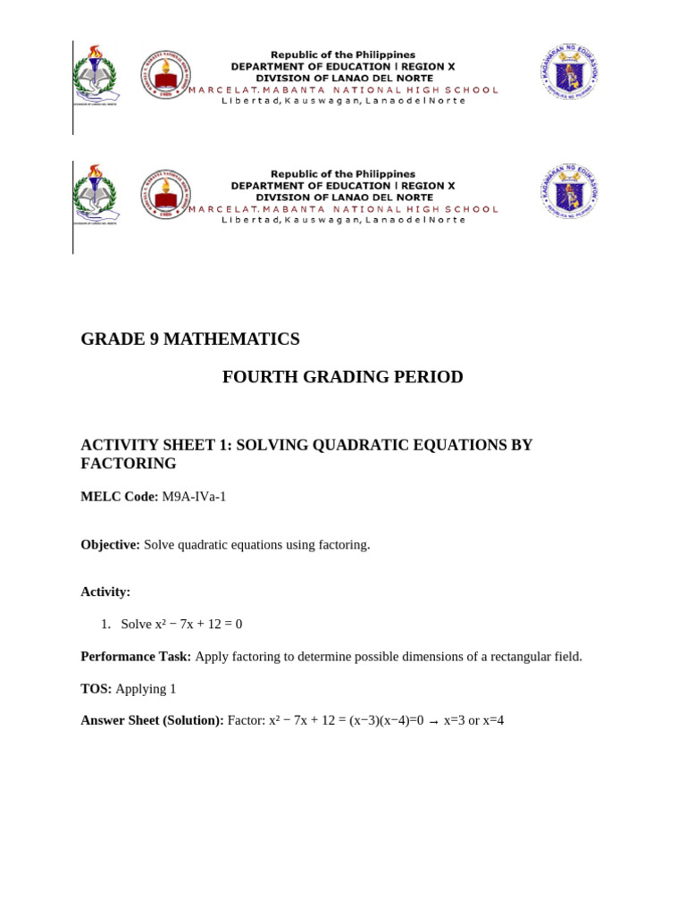 Act. Sheets _g9 -3rd Grading | PDF | Trigonometry | Quadratic Equation