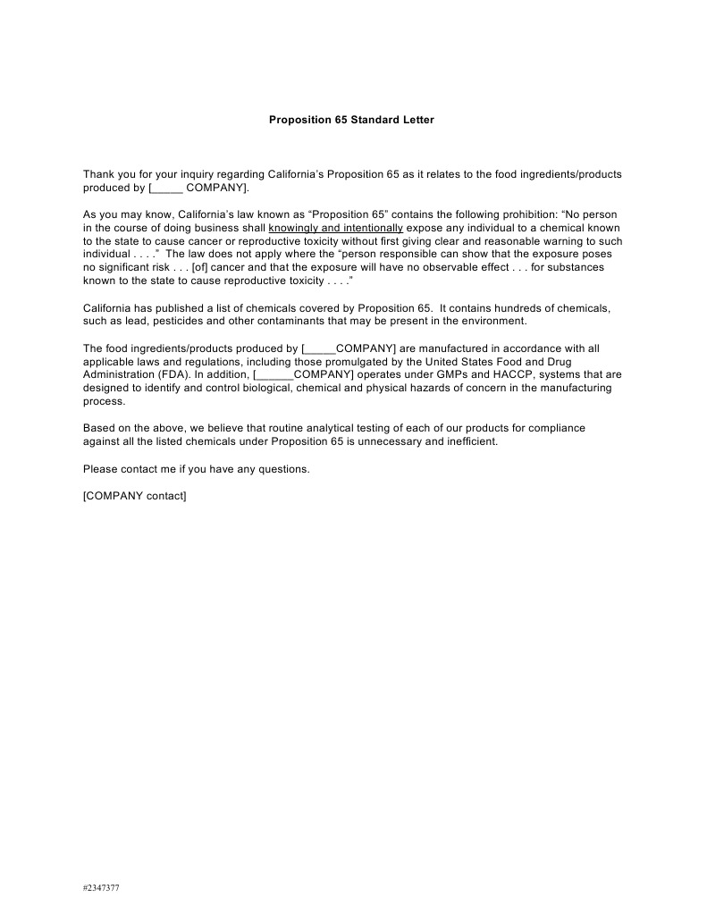 Proposition 65 Standard Letter PUBLIC 20090422 | PDF | Environmental ...