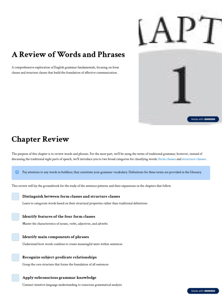A Review of Words and Phrases (Slides) PDF | PDF | Part Of Speech | Adverb