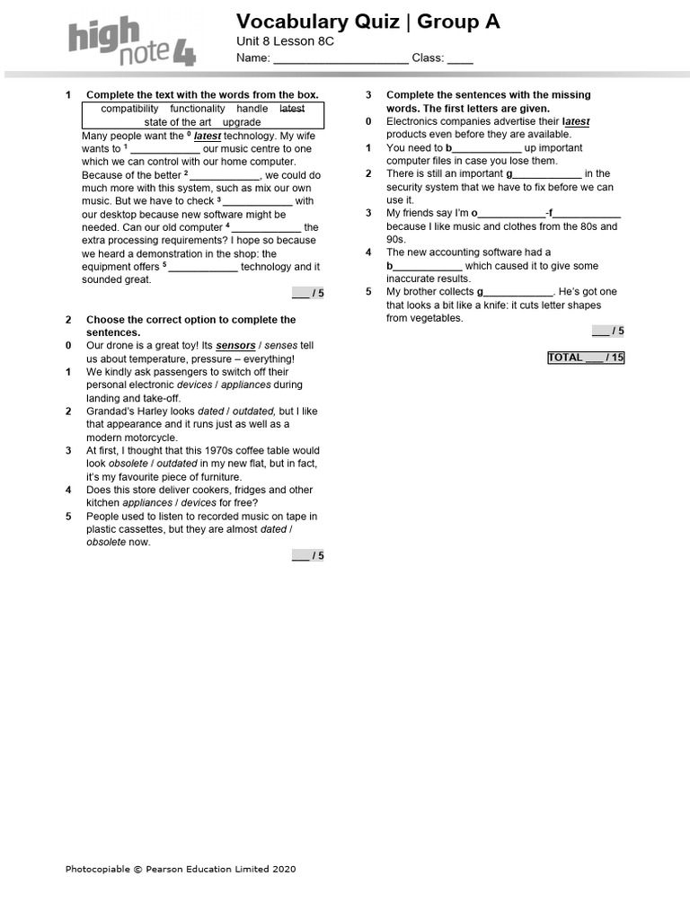 HighNote4 Vocabulary Quiz Unit08C GroupA | PDF | Computing