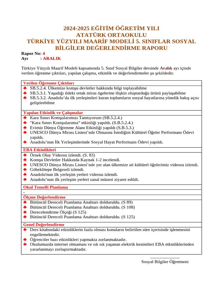 Turkiye Yuzyili Maarif Modeli Aralik Ayi Raporu | PDF