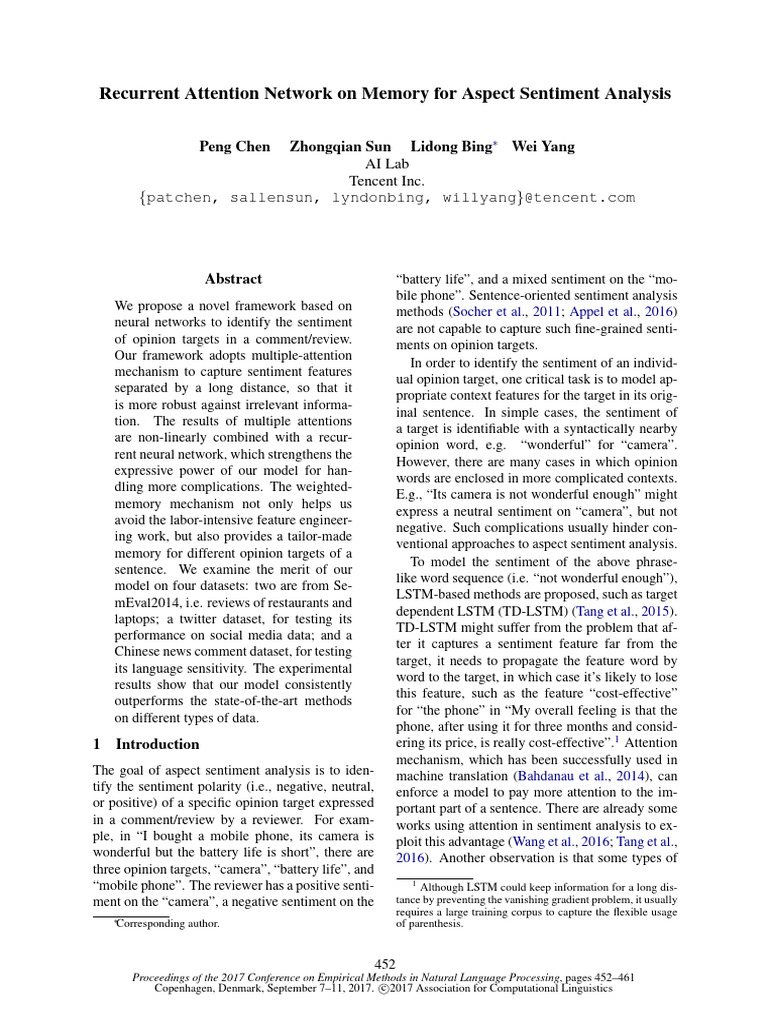 Recurrent Attention Network On Memory For Aspect Sentiment Analysis ...