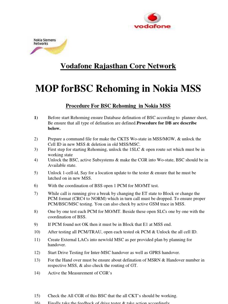 MOP BSC Rehoming Nokia MSS PDF Digital Technology