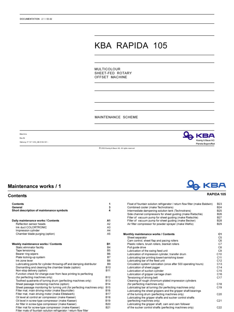Kba 105 Maintenance | PDF | Lubricant | Pump