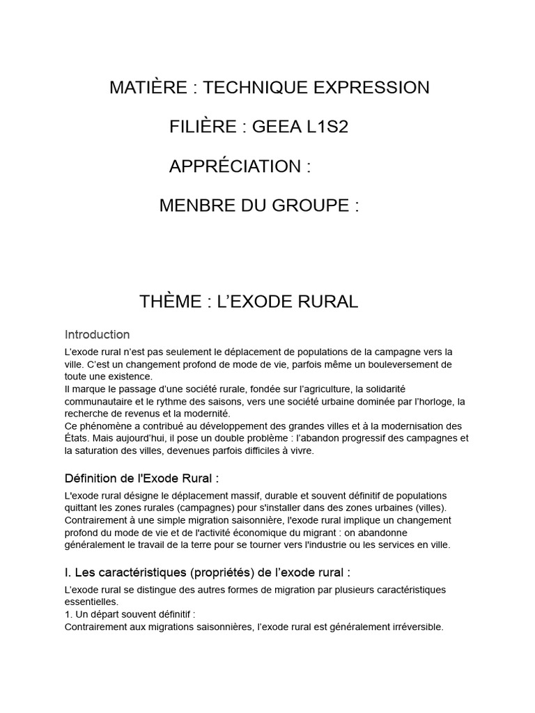 L'exode Rural | PDF | Zone rurale | Migration humaine