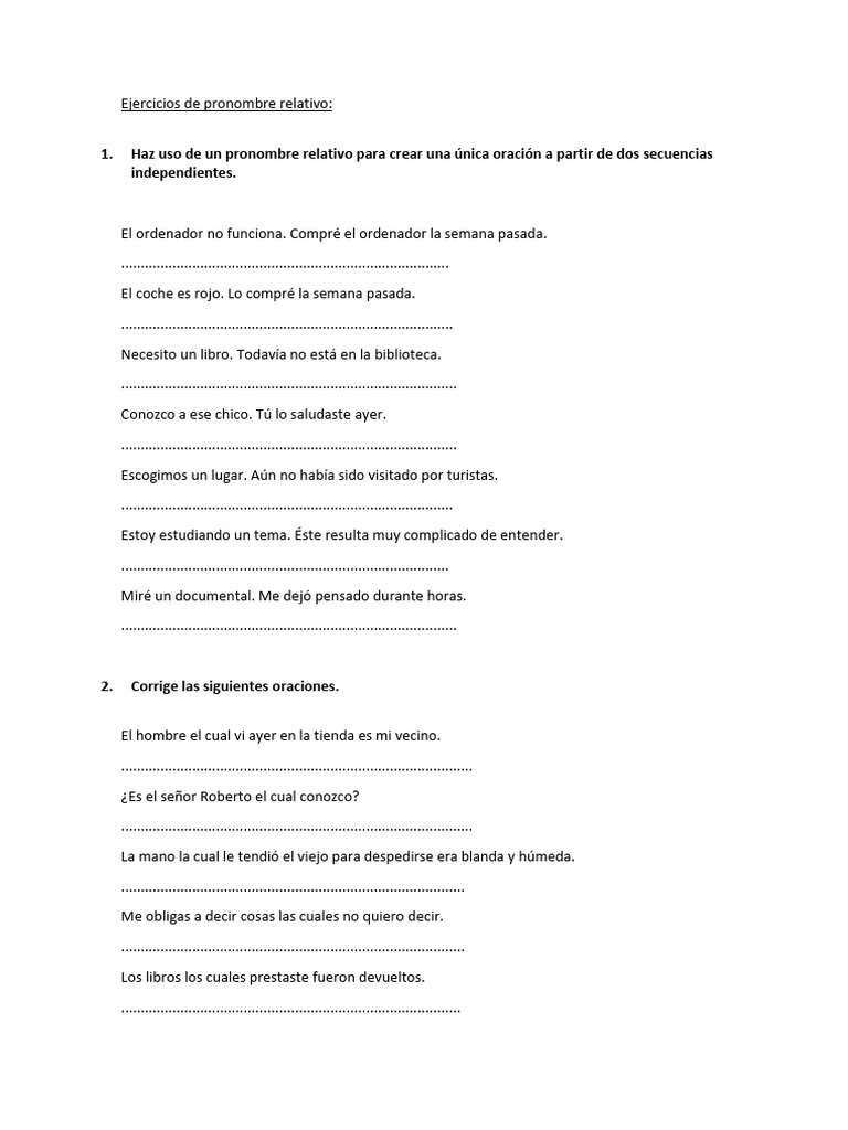 Ejercicios de Pronombre Relativo 3rESO Con Apuntes | PDF | Oración ...